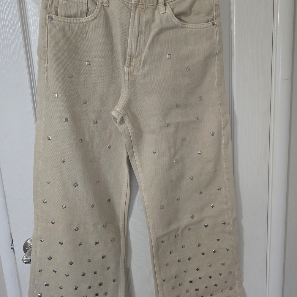 Zara Tan Embellished Flare Jeans